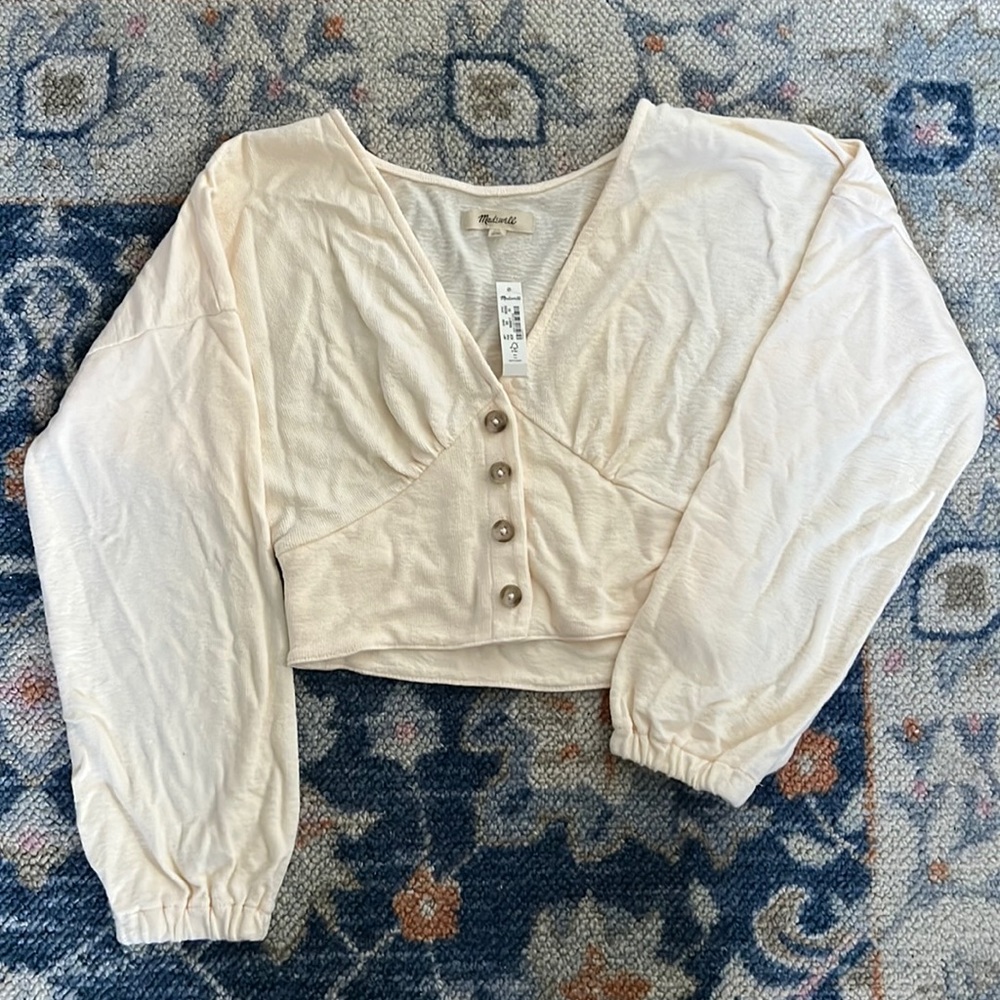 NWT Madewell Cream Long Sleeve Crop Blouse with Button Front
